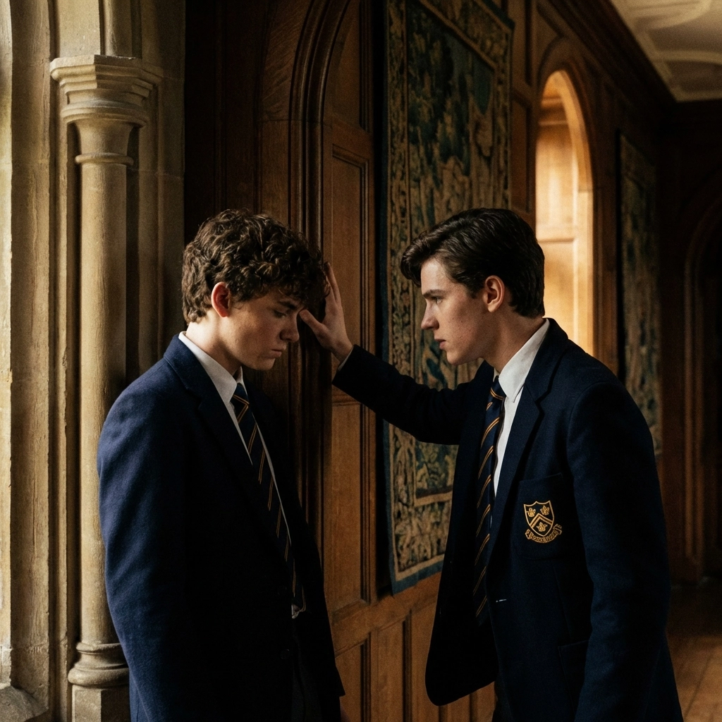 Two young men in academy blazers sharing a moment of longing, perfect for fans of gay historical romance.