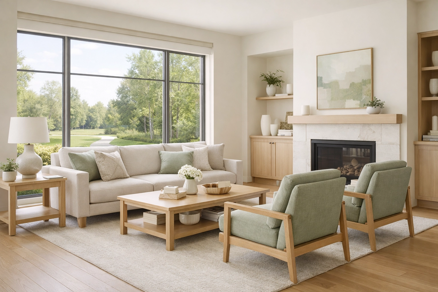 Modern, sun-drenched living room in a luxury senior living community in Bucks County.