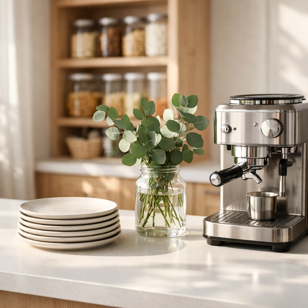 Clean, decluttered modern kitchen in a Denver home, showcasing organized living for downsizing empty nesters.
