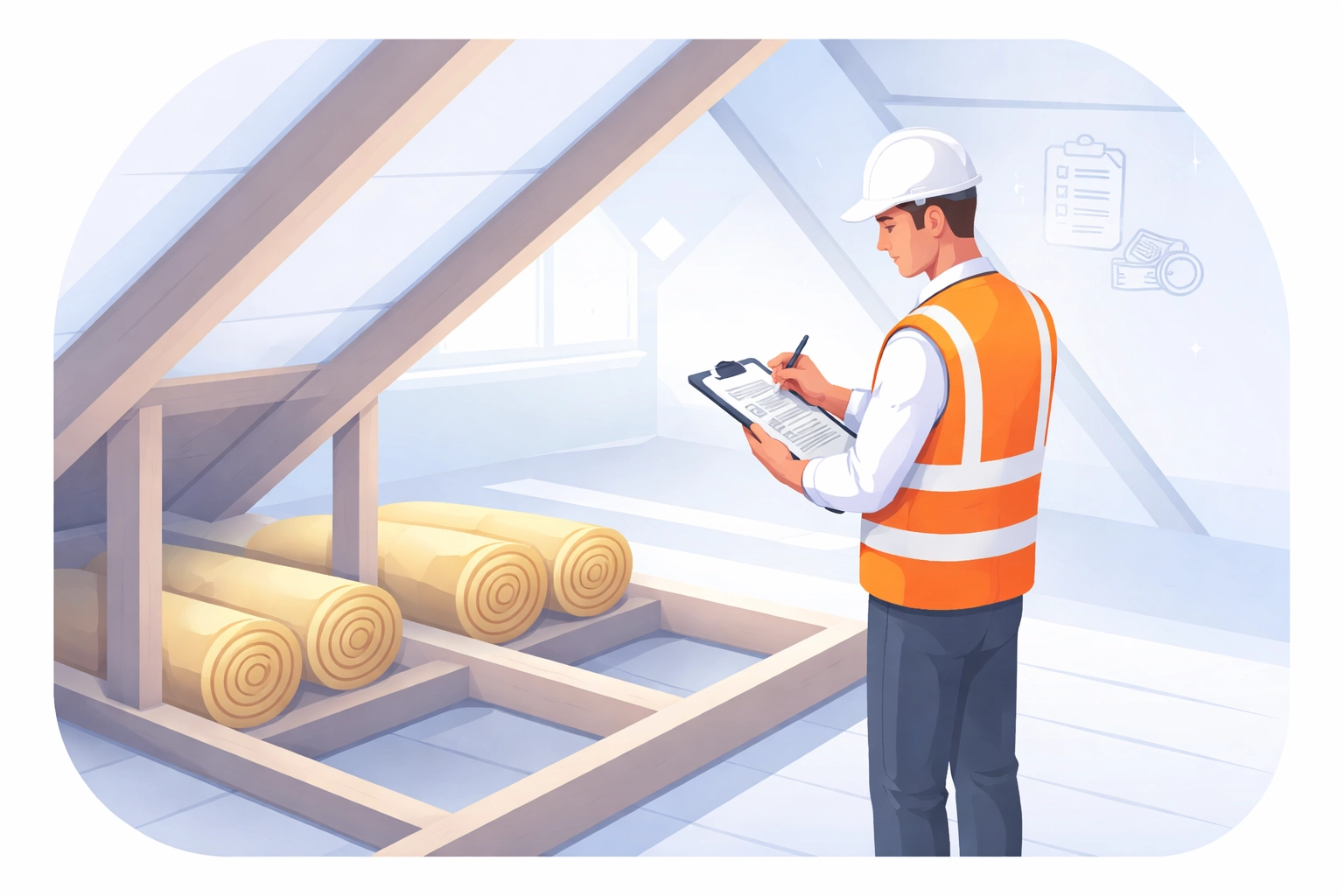 Surveyor inspecting a loft space before loft insulation installation, showing the professional survey process in the UK