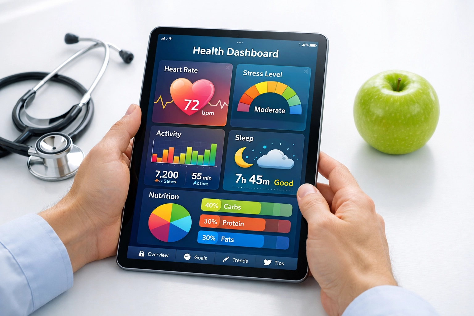 Digital health dashboard on a tablet next to a stethoscope, showing medical eligibility for tirzepatide.