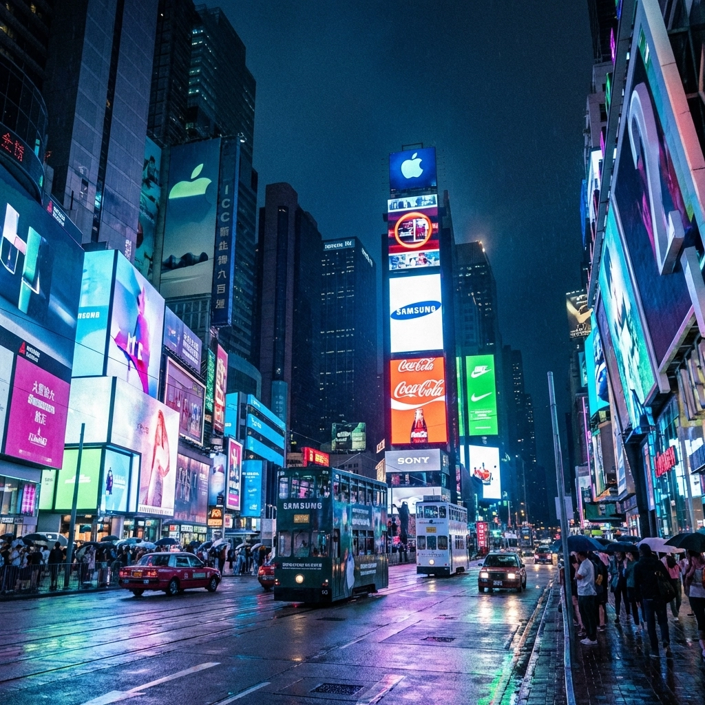 Global digital billboards lighting up a busy metropolitan street in Hong Kong at night.