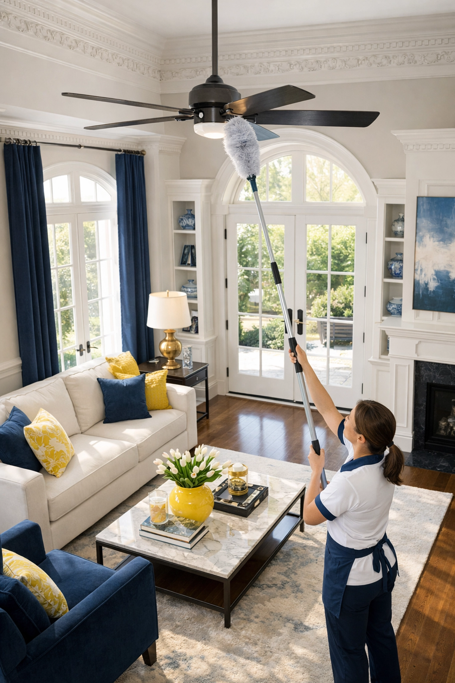 Professional cleaner dusting a ceiling fan during a deep cleaning in Melrose living room.