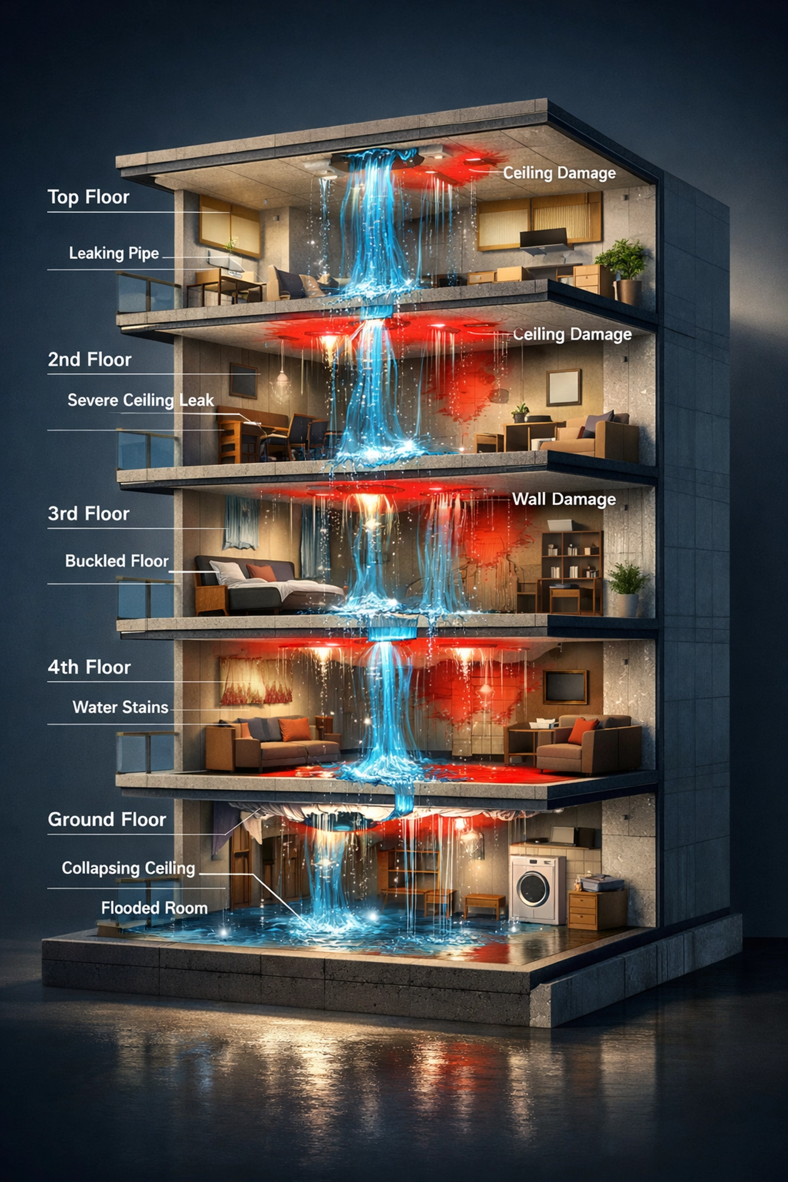 Water damage cascading through multiple floors of high-rise building after pipe leak