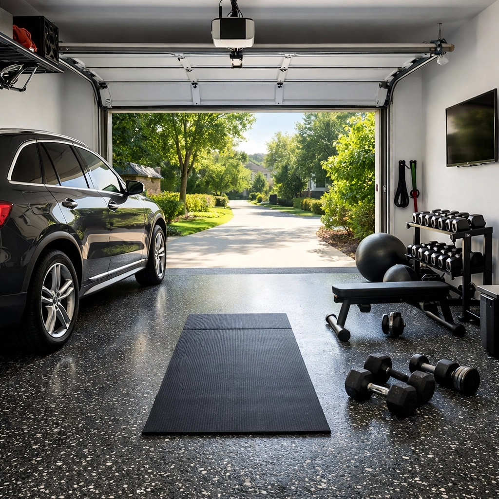 Residential garage epoxy Madison MS transforming a garage into a functional home gym and luxury storage.