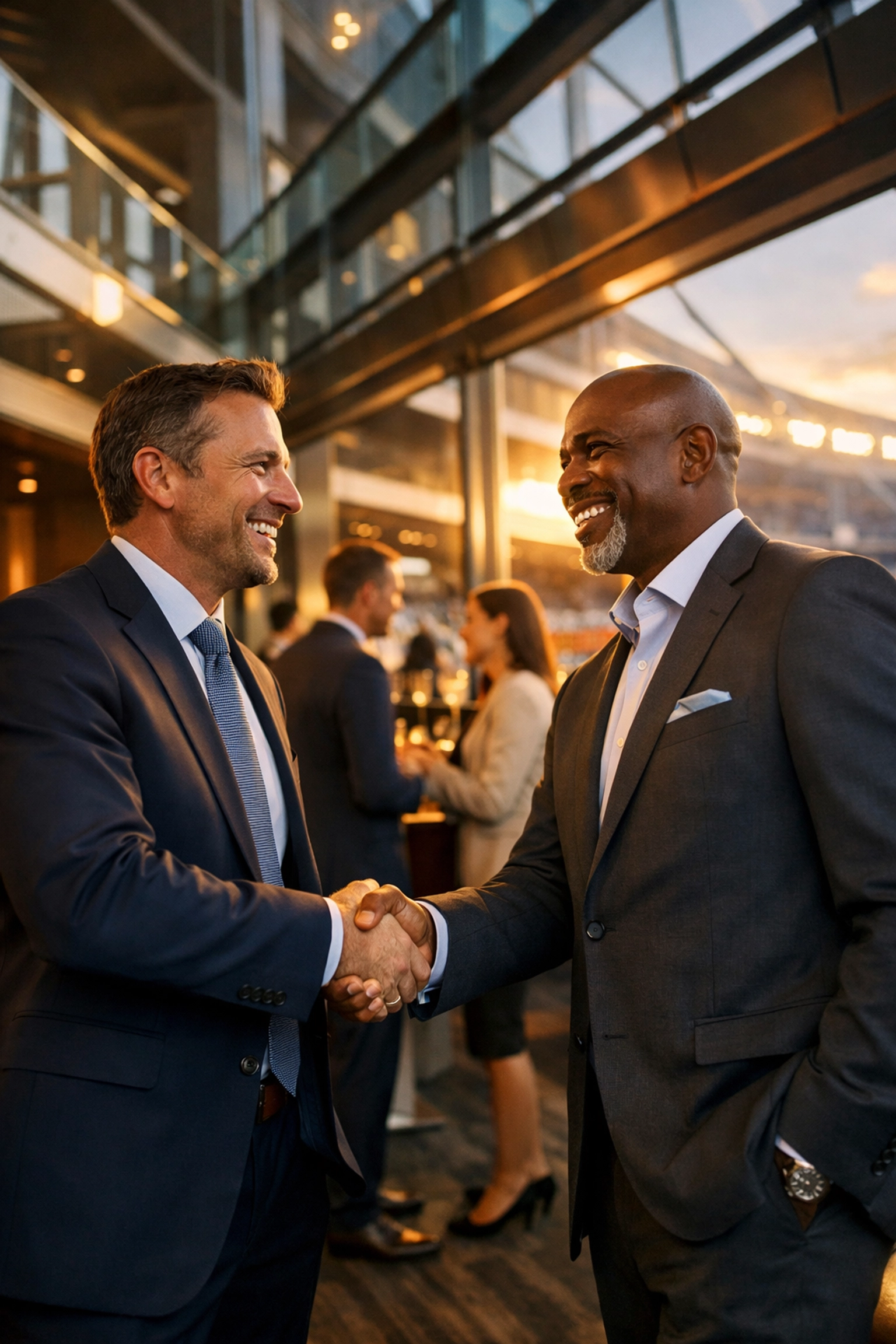 Business executives closing deals with handshake in upscale Super Bowl stadium lounge