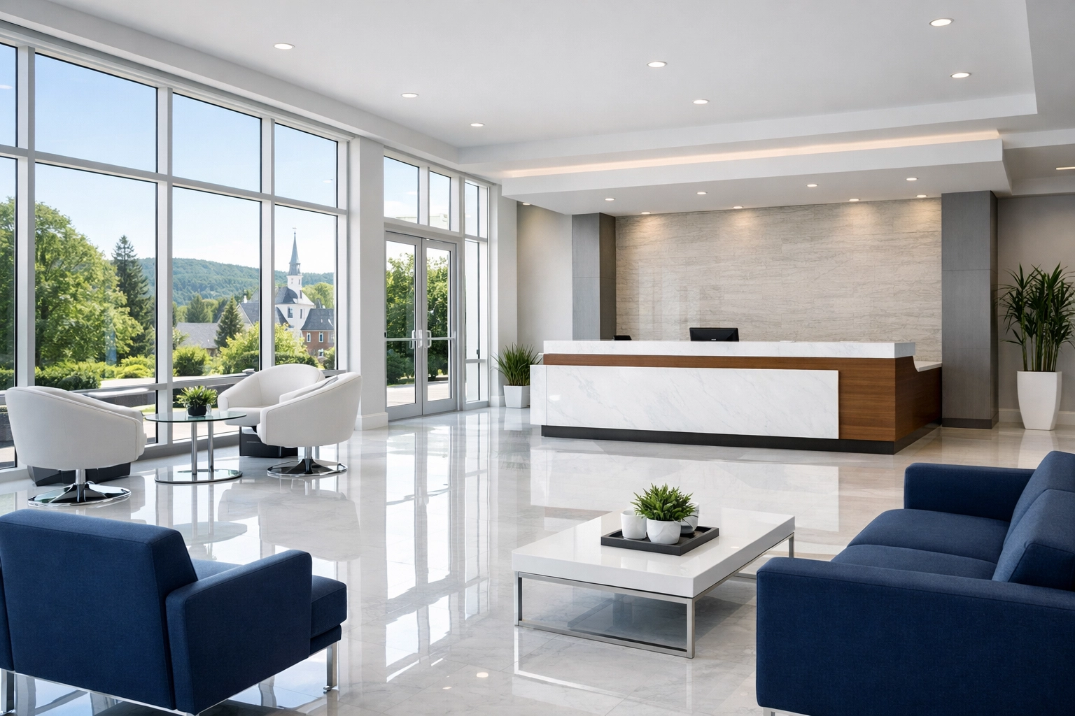 Impeccably clean modern office lobby in Barre, MA, maintained by professional commercial cleaning services.
