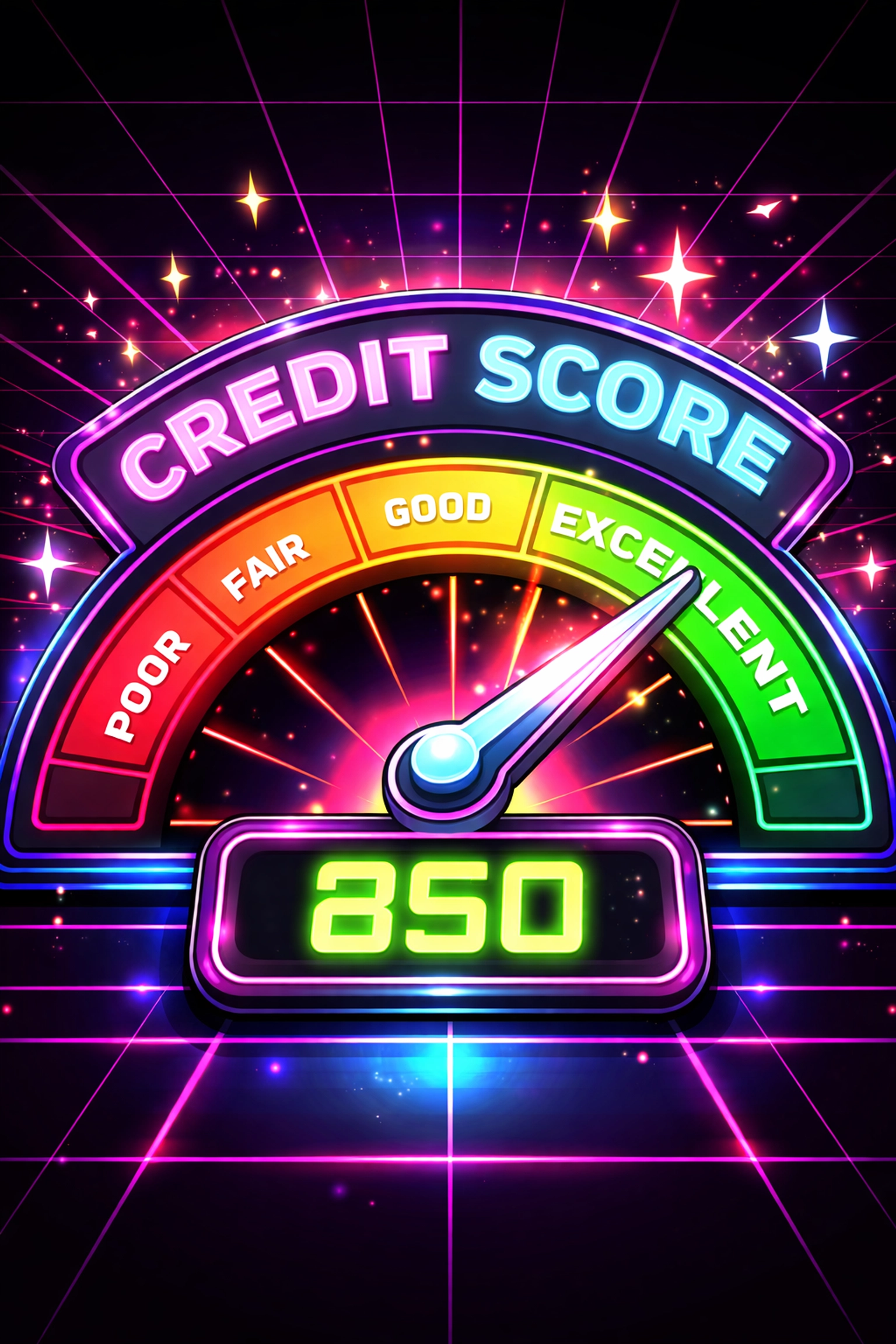Credit score gauge rising to excellent, illustrating credit rebuilding for car buyers at Grateful Motors
