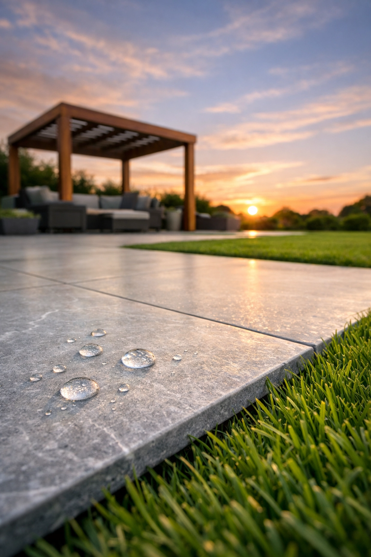 Modern porcelain patio in South Wales with a bespoke wooden pergola and lush green lawn at sunset.
