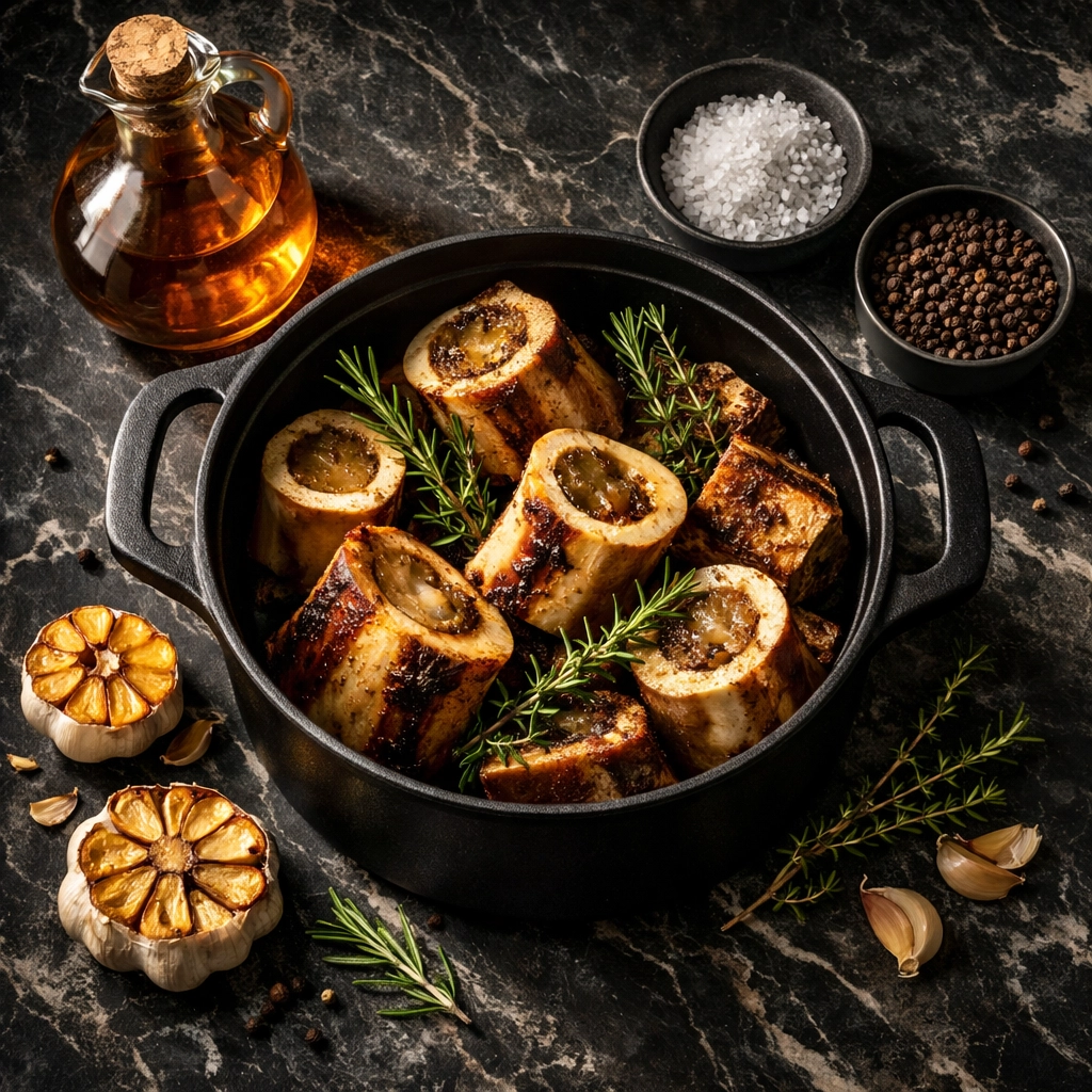 Fresh beef marrow bones, apple cider vinegar, and garlic prepared for a high-quality bone broth recipe.