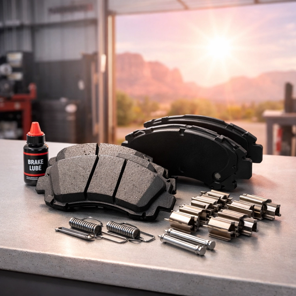 Premium brake parts and hardware on a shop bench for a reliable brake repair in Cottonwood.