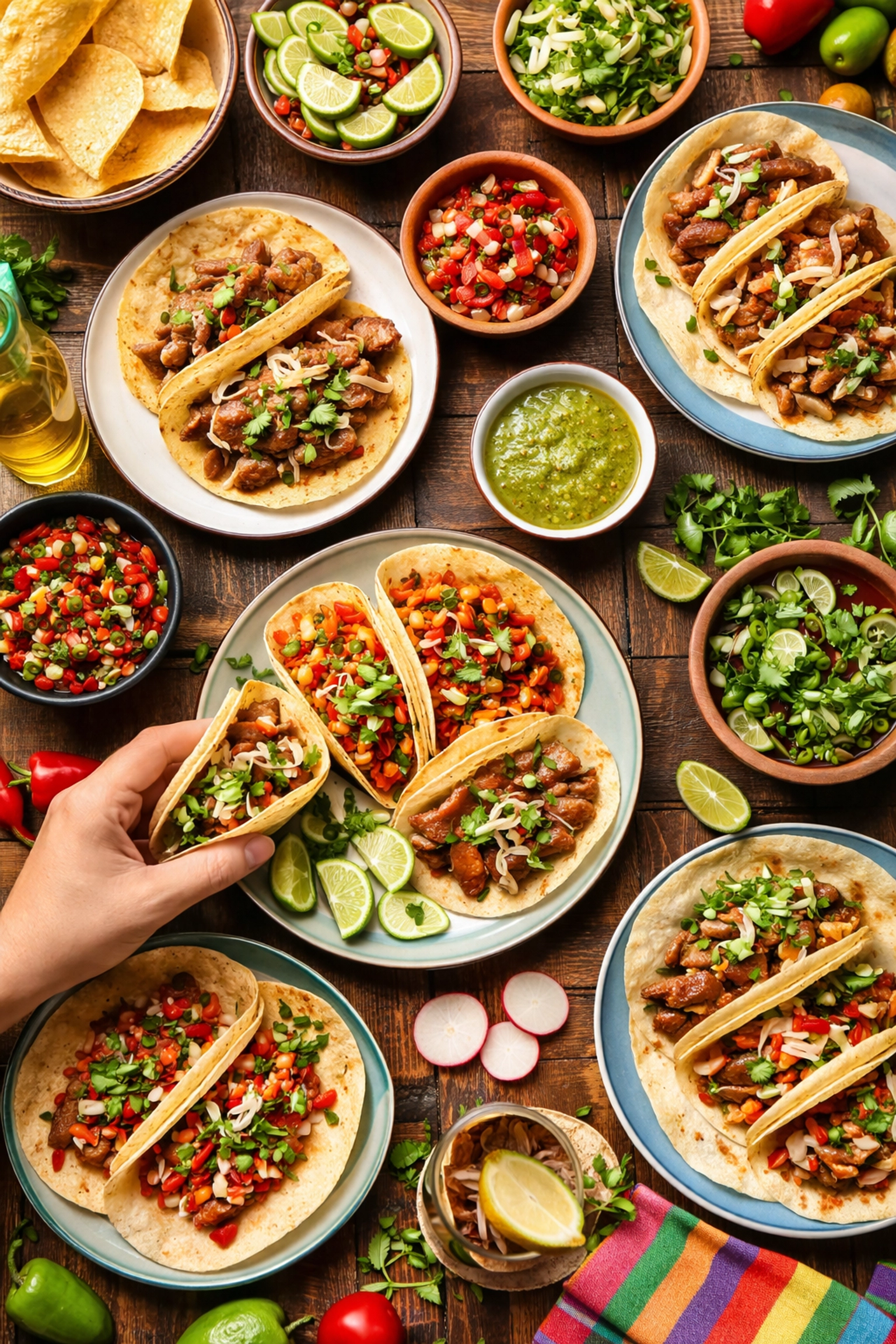 Overhead view of colorful Mexican tacos and salsas, showcasing Summerville Taco Tuesday options.