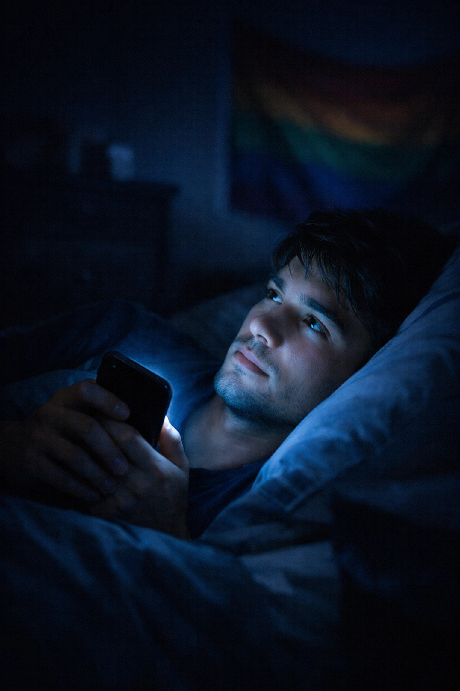 Young gay man finding online LGBTQ+ community on phone at night in bed
