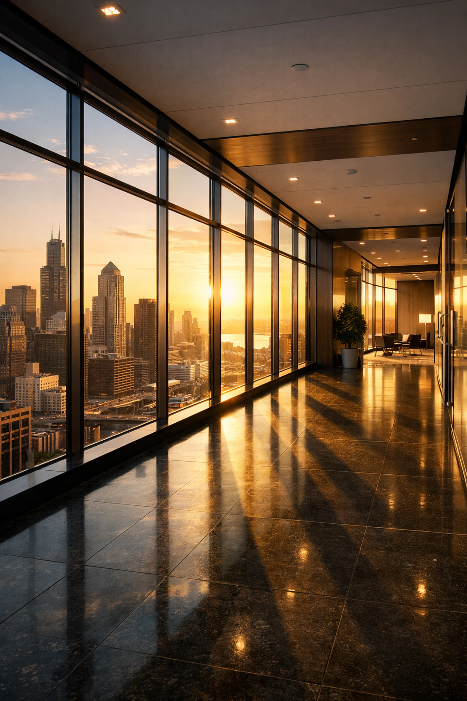 Polished high-rise office hallway in Detroit featuring clean glass and impeccably maintained floors.