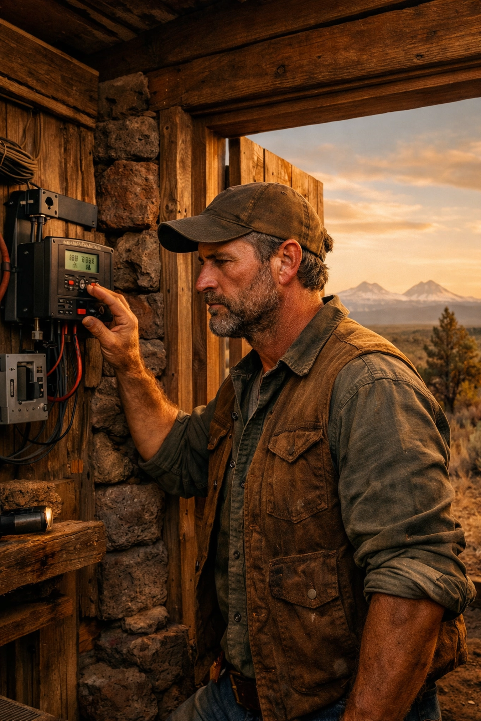Jason Rutland installing a solar charge controller in a high desert shed for self-sufficient living.