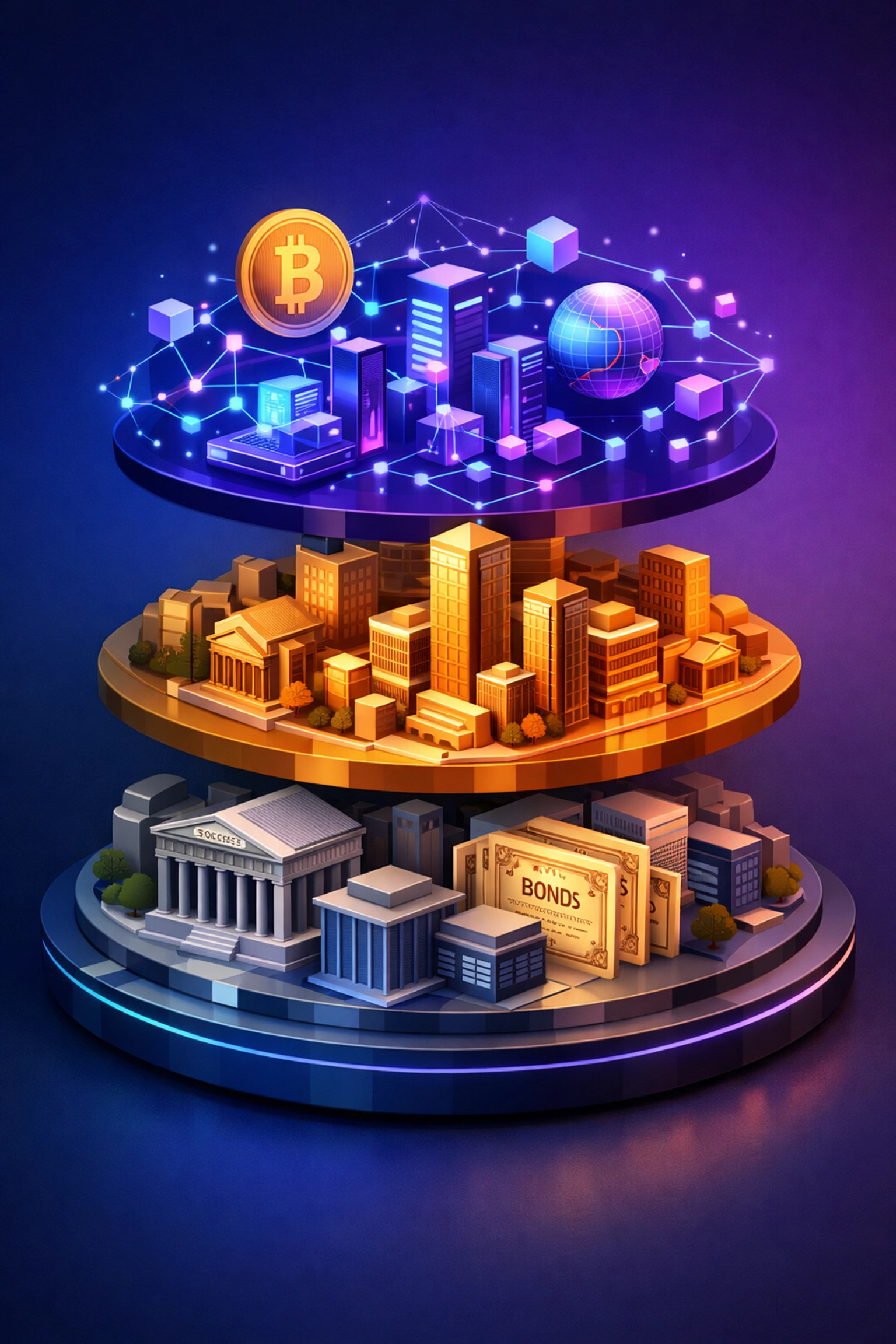 Multi-layered investment portfolio showing stocks, real estate, and digital assets