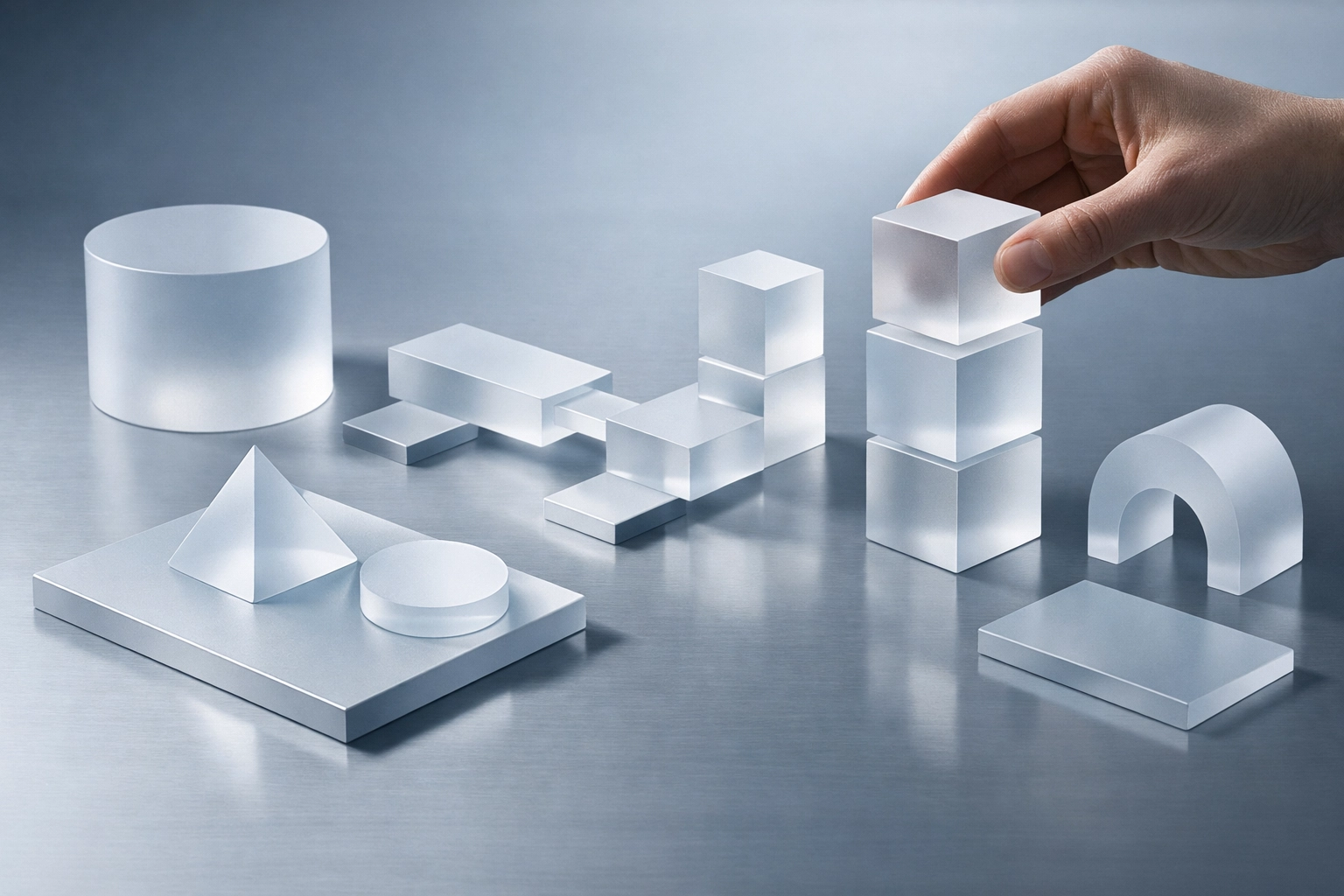 Symmetric arrangement of glass shapes illustrating a scalable product-minded marketing operations framework.