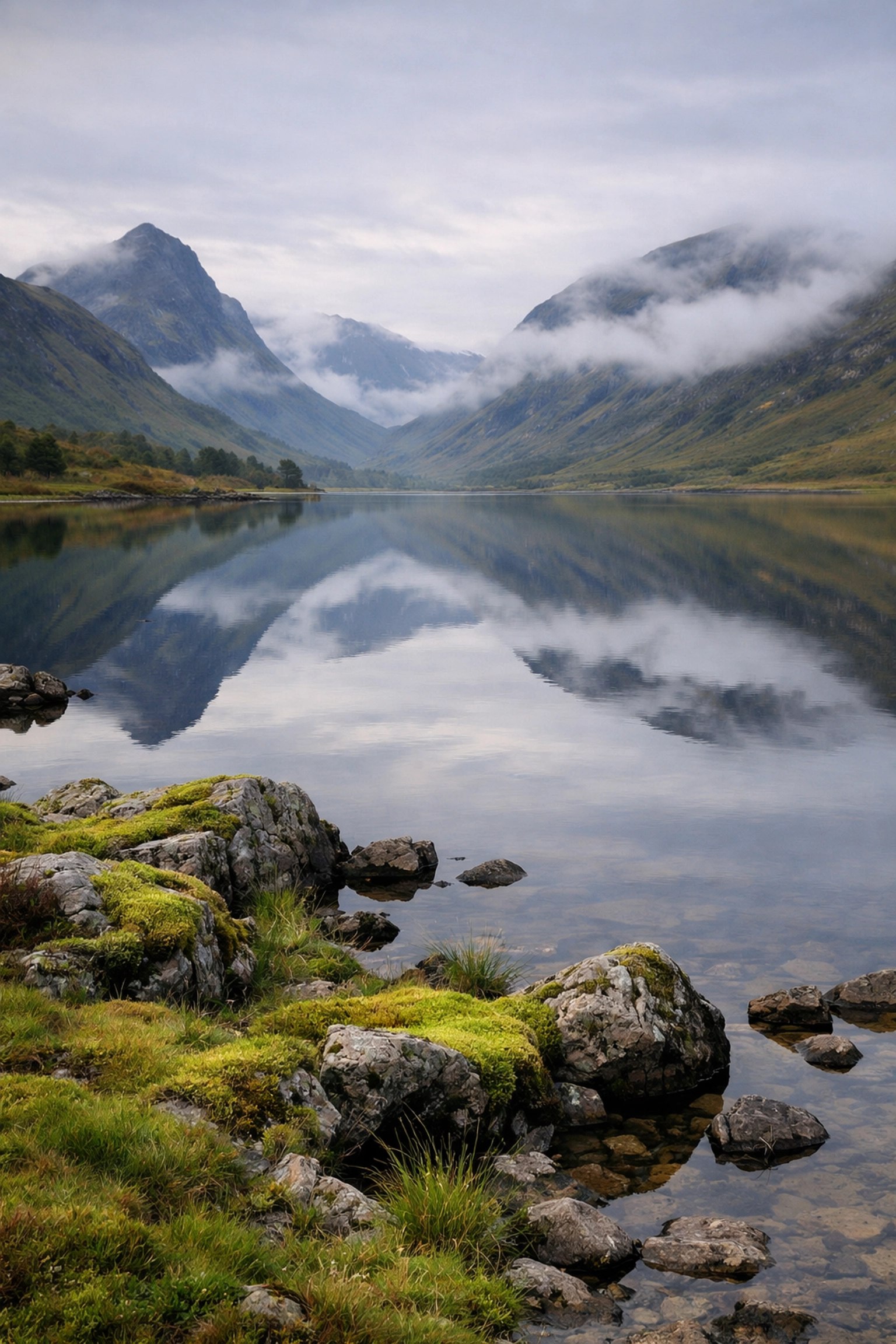 Misty morning at a calm Scottish loch during a wilderness adventure weekend in Scotland.