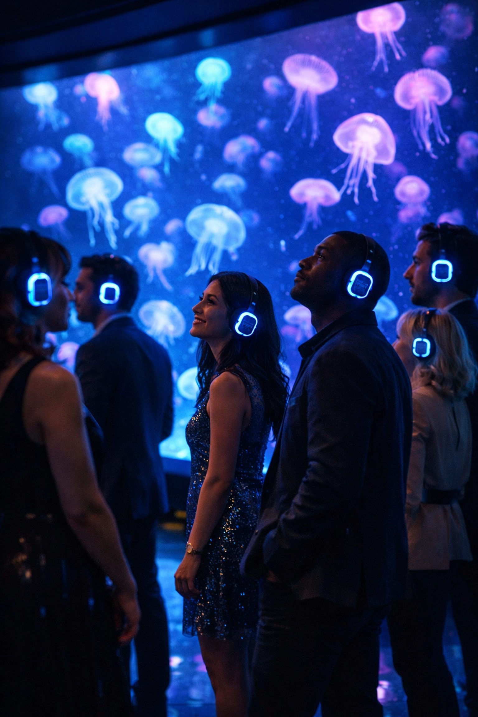 Aquarium visitors enjoy an immersive silent disco night tour near a bioluminescent jellyfish exhibit.