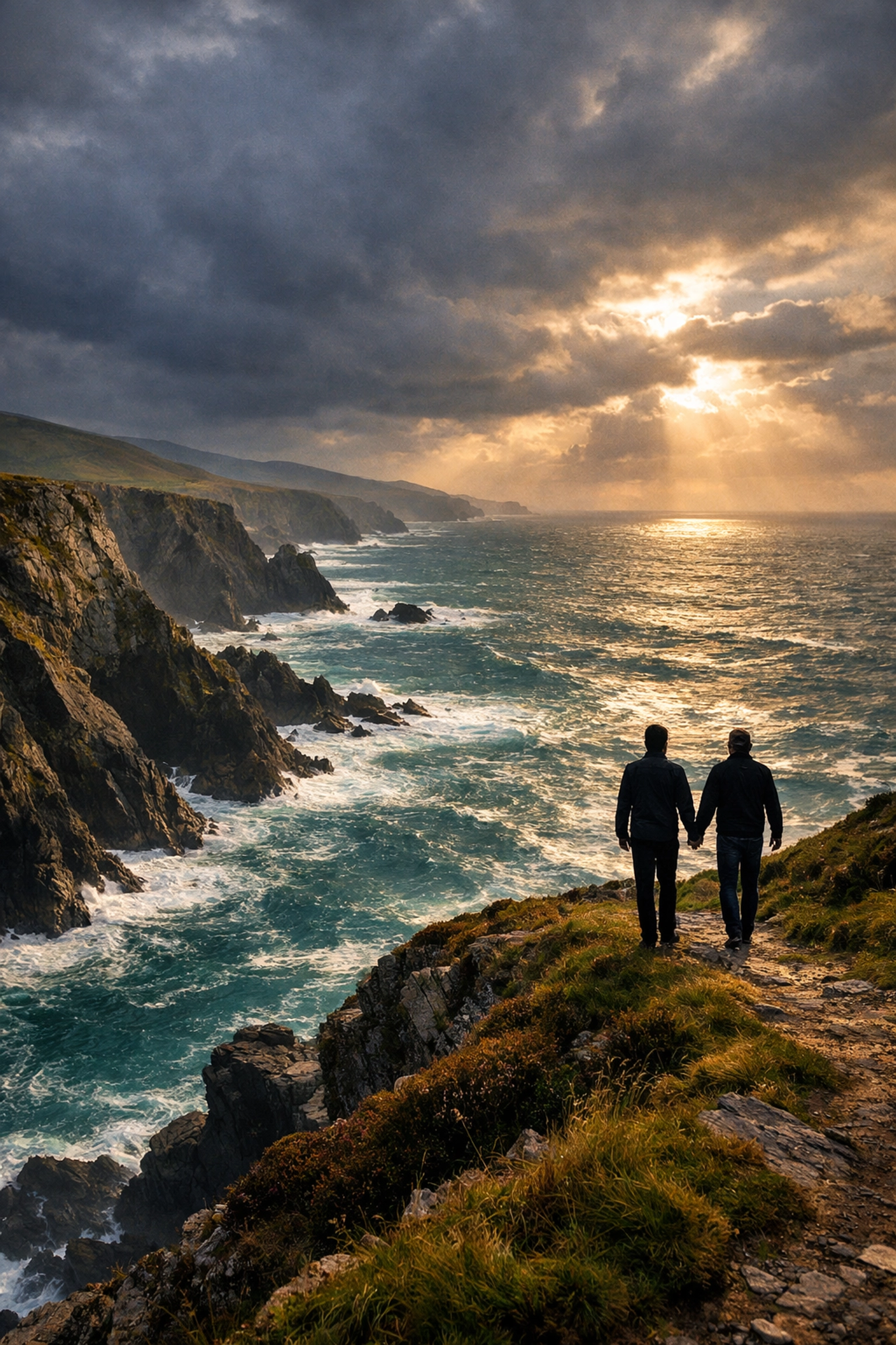 Gay couple enjoying honeymoon adventure on Ireland's Wild Atlantic Way coastal cliffs