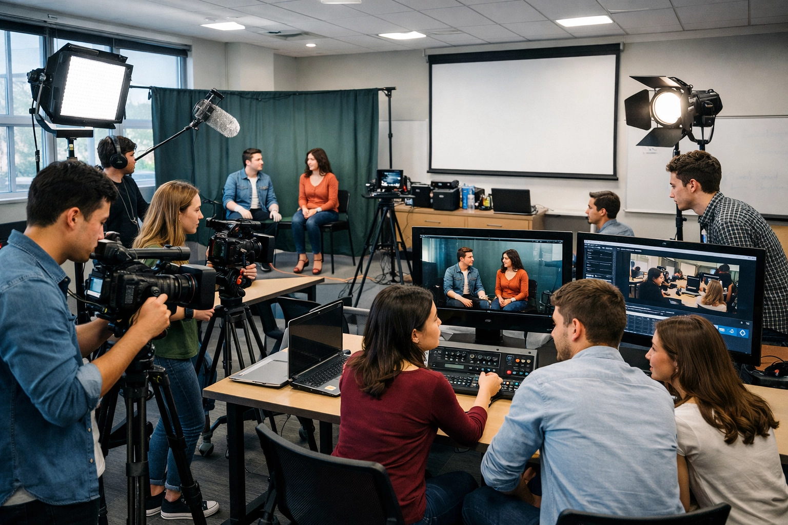 University students learning media production and literacy skills in modern classroom studio
