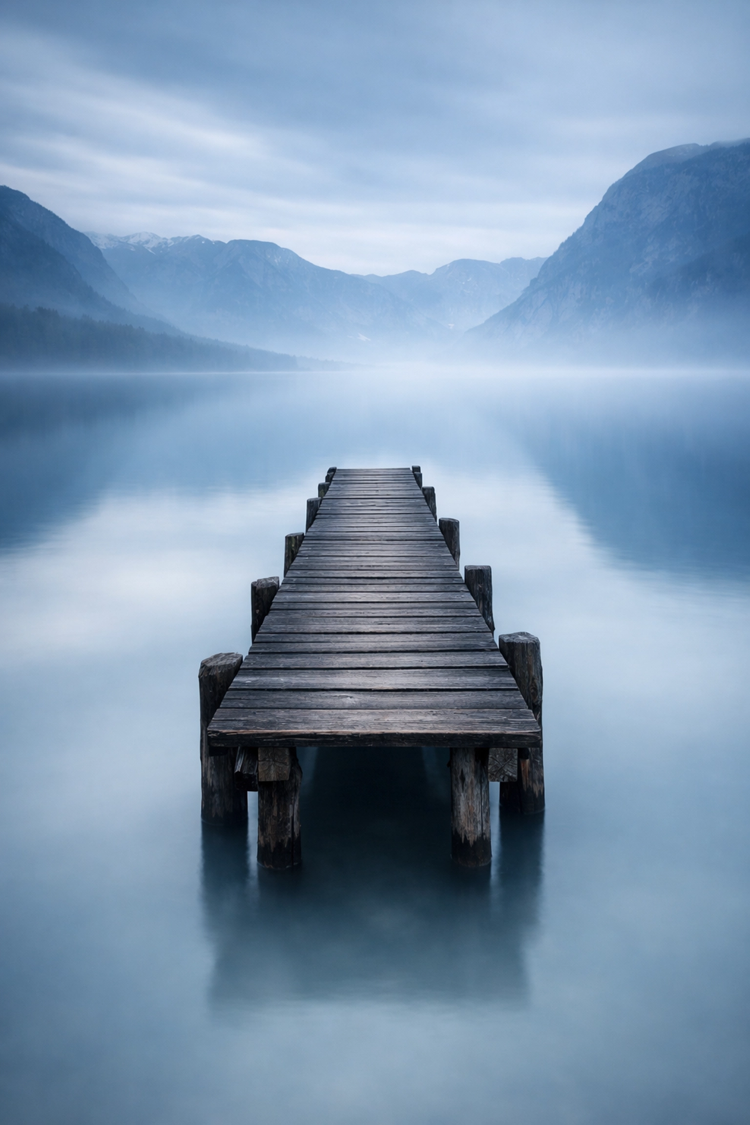 A long exposure photo of a pier in the Julian Alps, illustrating essential travel photography tips for solitude.