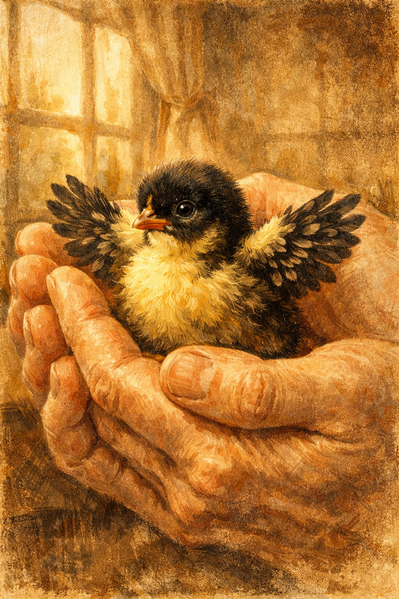 Ten-day-old farm chick held in hands showing black feathers emerging through yellow down