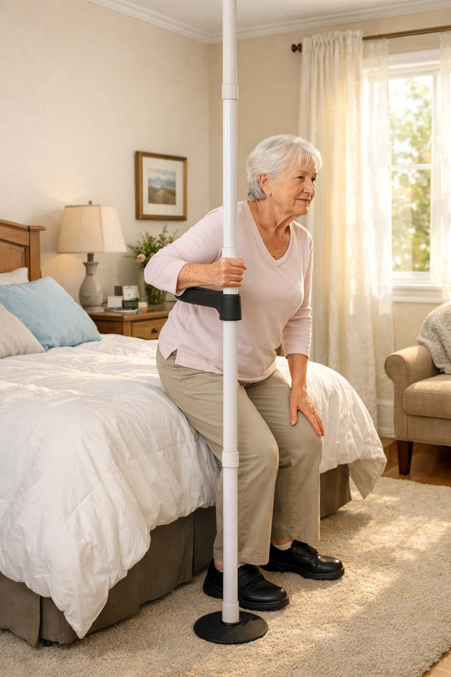 Senior using a bedside safety rail and transfer pole to stand up safely and maintain independence.