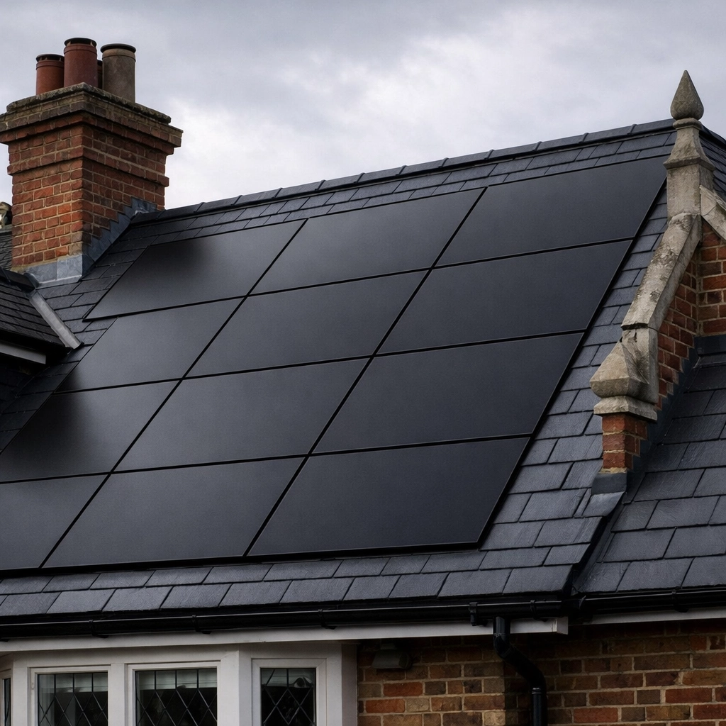 Sleek black-on-black solar panels professionally installed on a traditional UK slate roof.