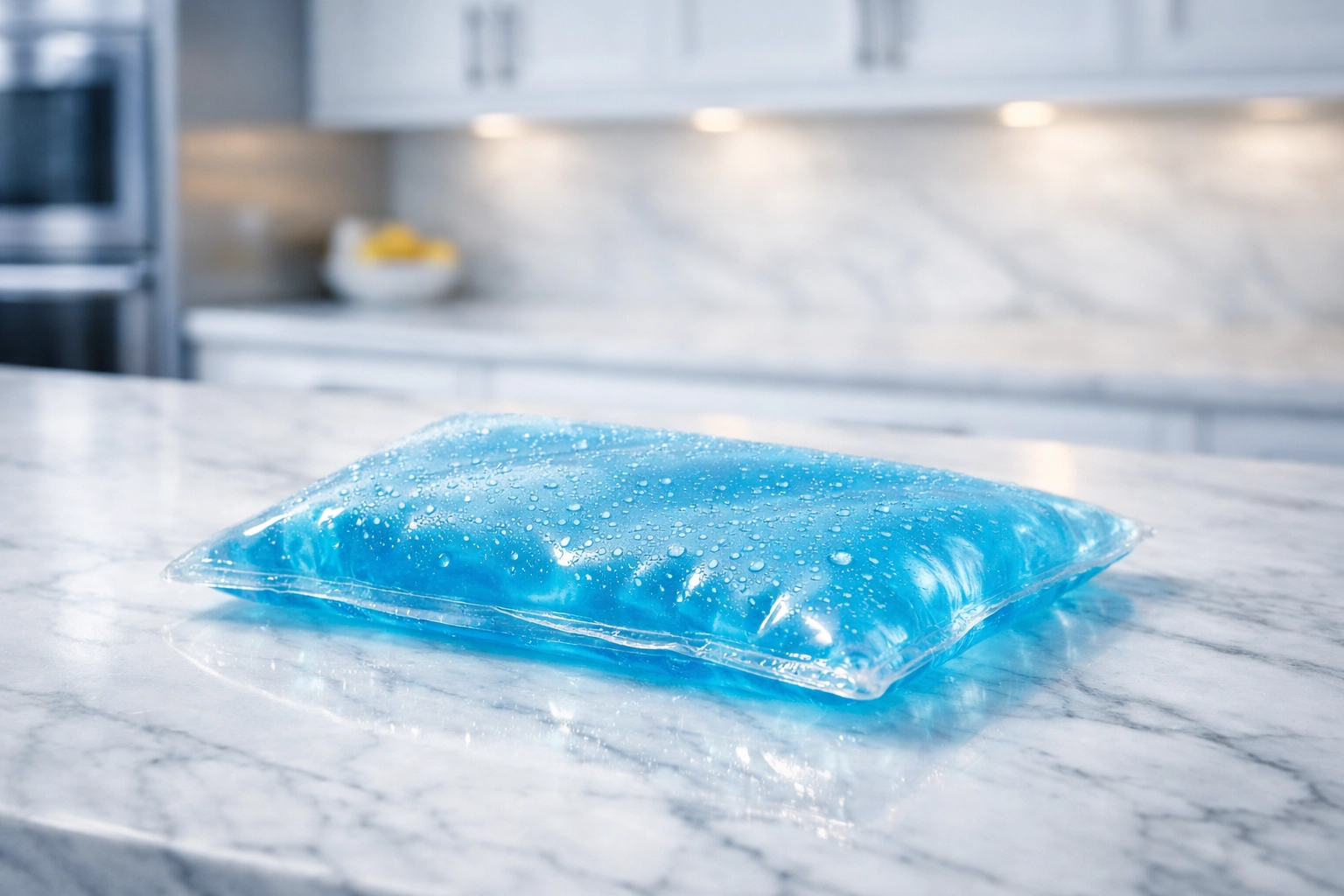Blue ice pack on a white marble counter showing how to remove wax during bi weekly house cleaning.