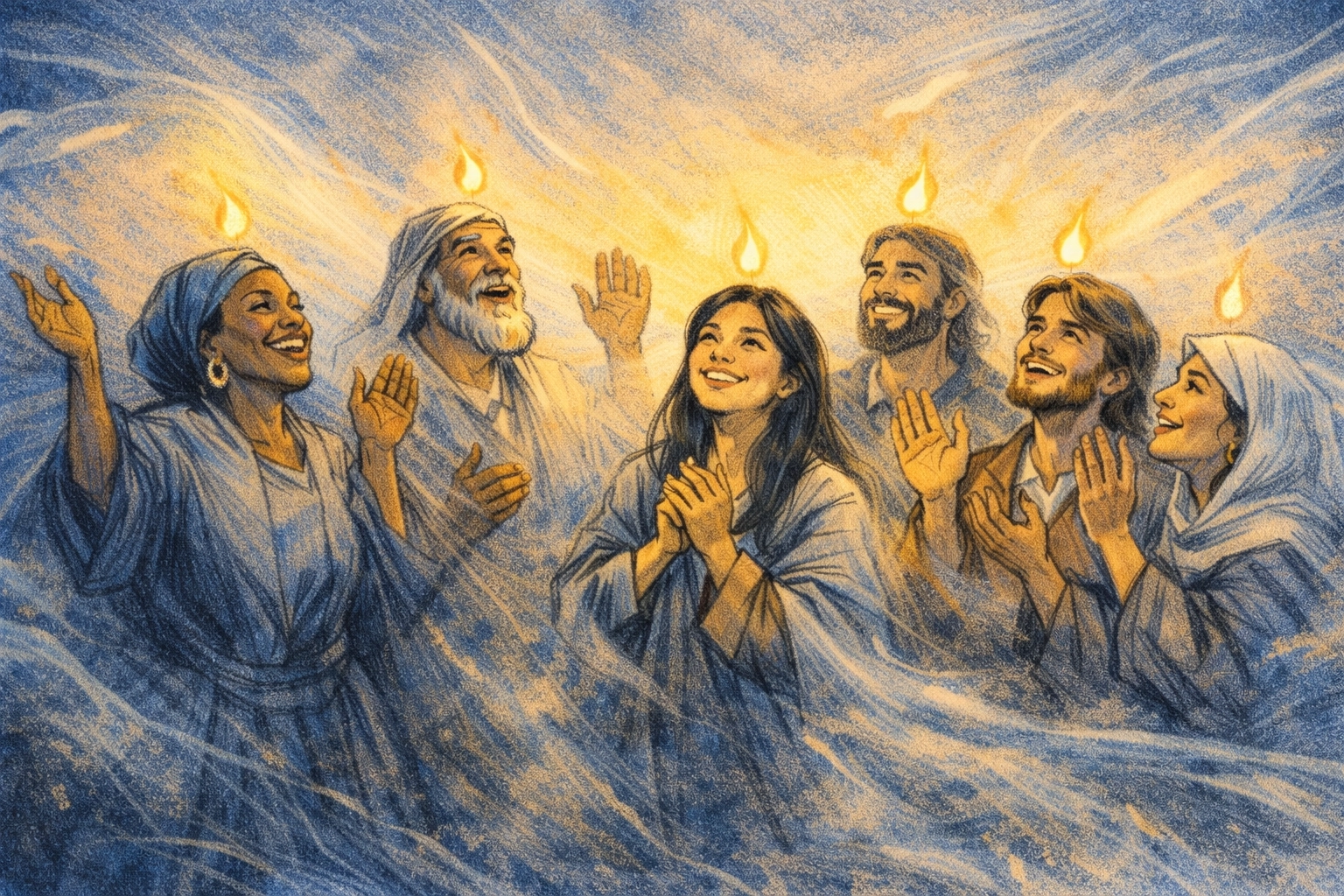 Diverse believers experiencing Pentecost in Acts 2 with tongues of fire and Holy Spirit presence