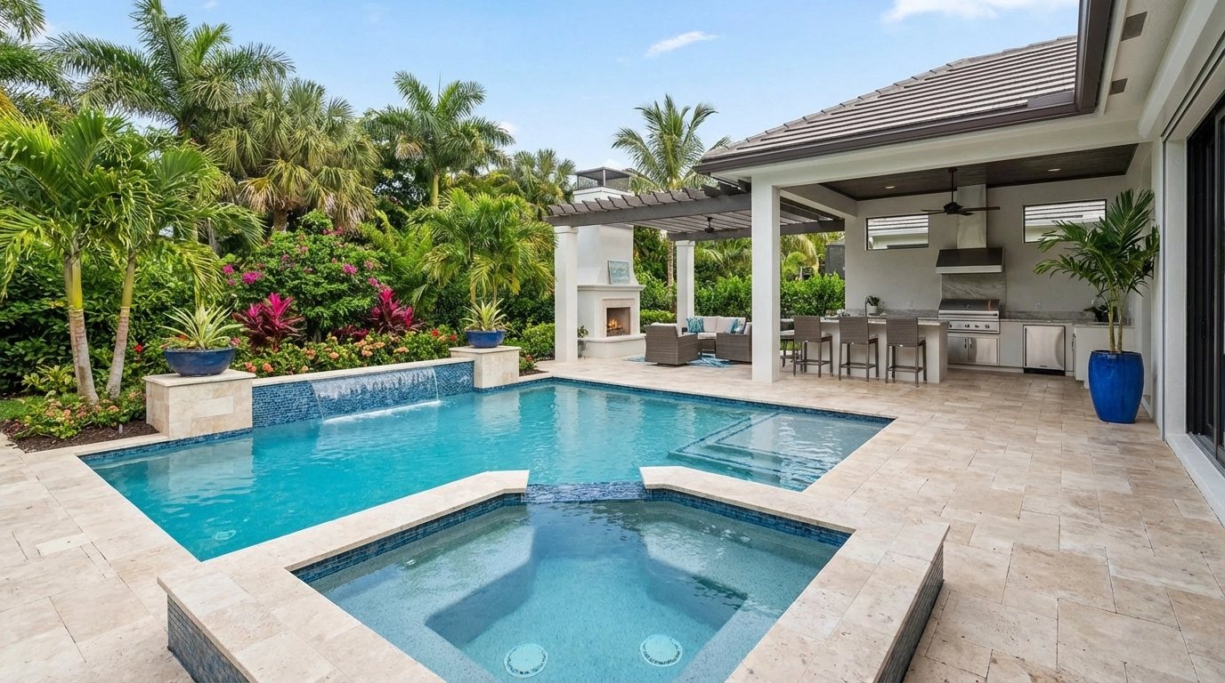 Luxury Florida lanai in Naples with pool and tropical landscaping - professional real estate photo