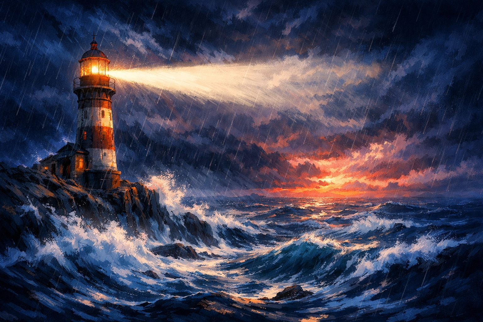 A lighthouse shining through a storm as dawn breaks, representing hope and spiritual guidance.