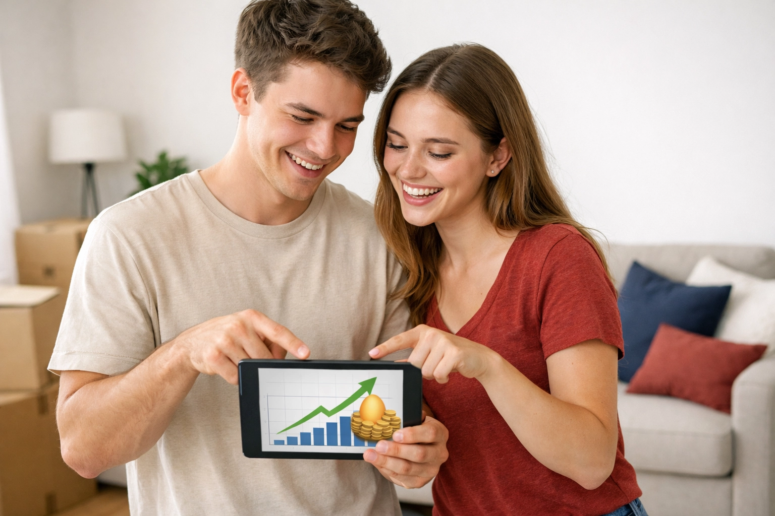 Young Texas couple in their new apartment reviewing credit score growth after a credit-builder loan.