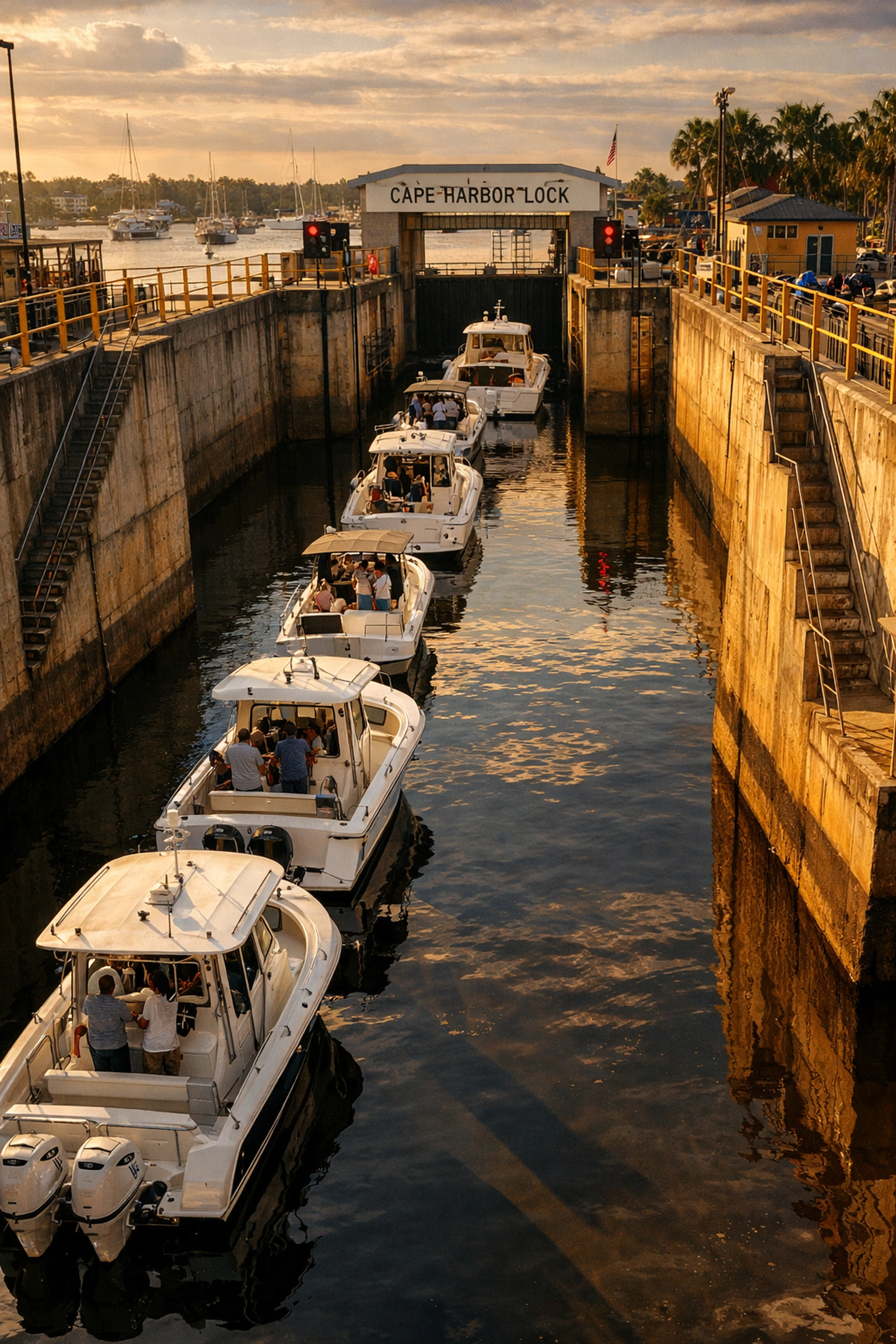 Boats waiting at Cape Harbor boat lock in Southwest Cape Coral residential area