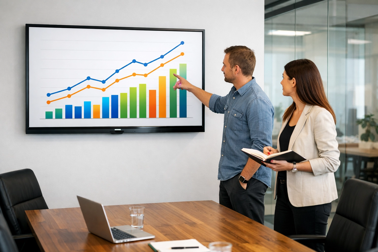 Professional strategists analyzing data charts to optimize an omnichannel transportation marketing strategy.