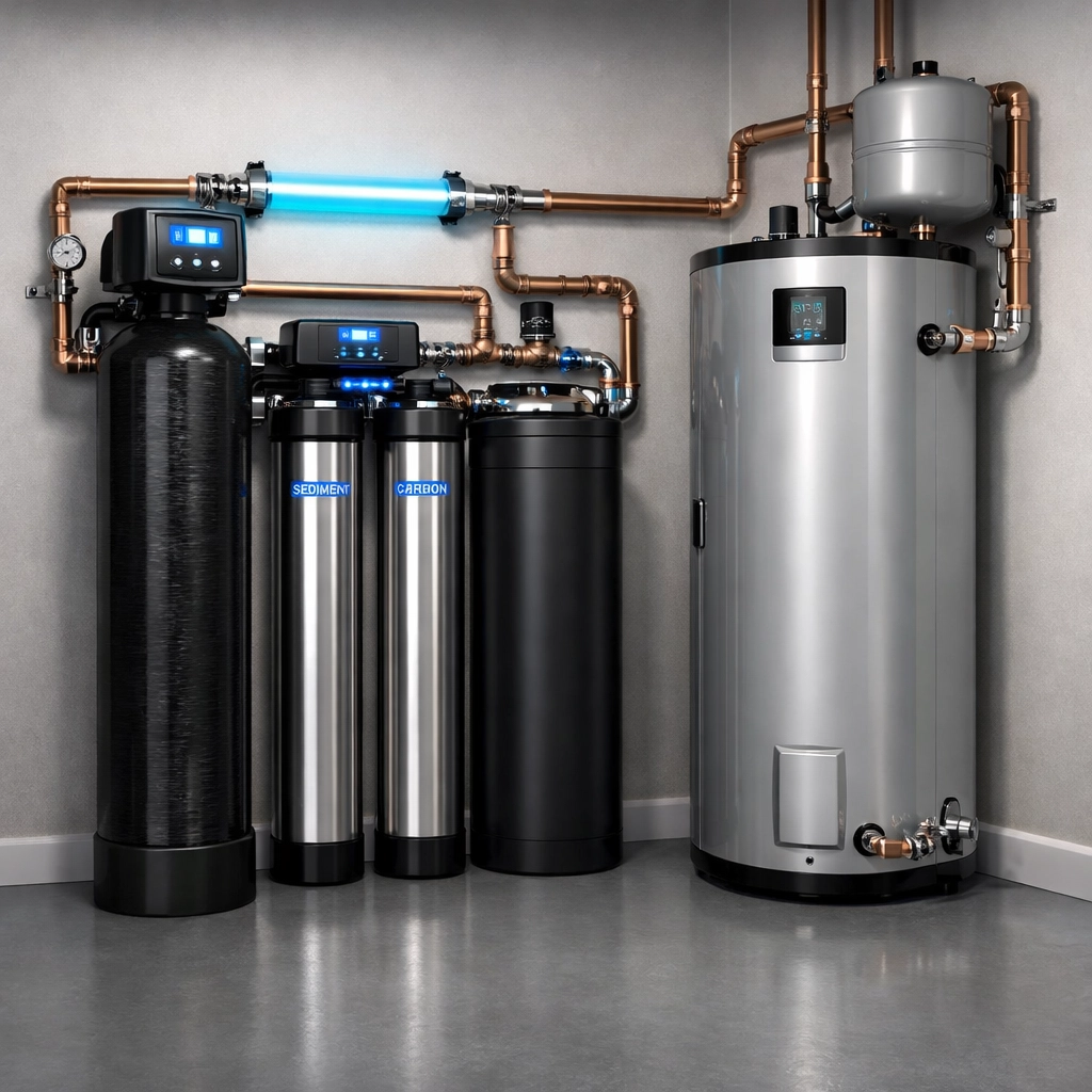 A whole-house water filtration system installed next to a water heater in a modern utility room.