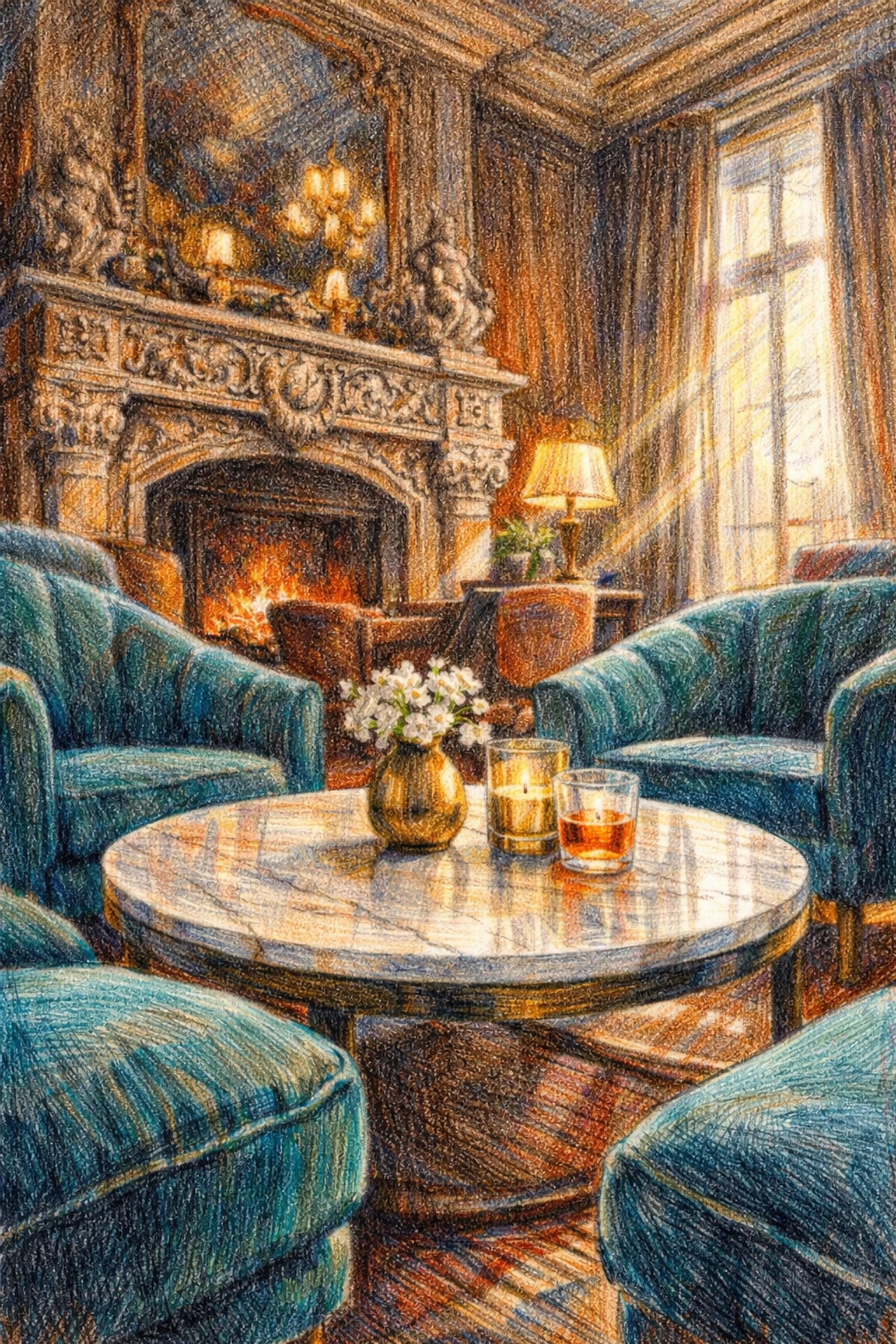 Convivial boutique hotel interior design with teal velvet armchairs and a marble table in a lounge.