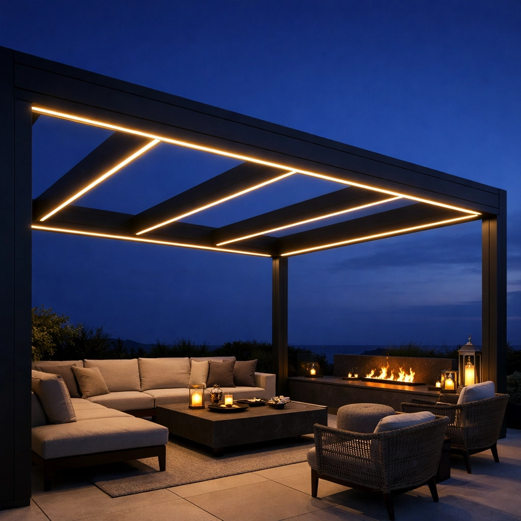 Luxuriöse Pergola-Beleuchtung mit warmweißen LED-Stripes für exklusives Terrassendesign in Wien.