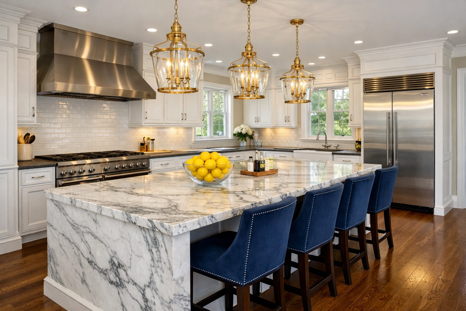 Pristine luxury kitchen in a Bolton, MA estate with polished marble countertops and clean appliances.