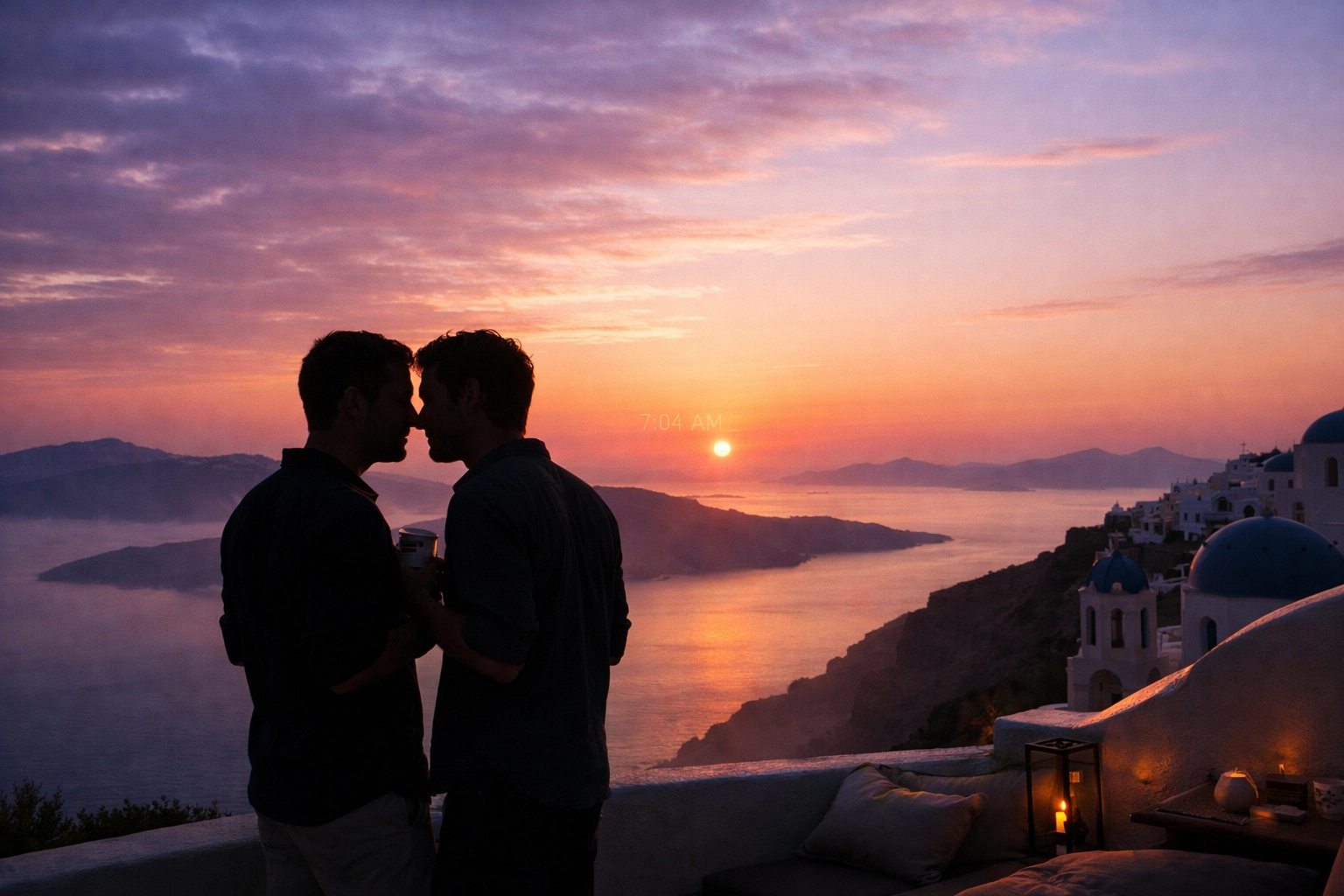 Two men watching romantic sunrise together from private hotel terrace in Santorini Greece