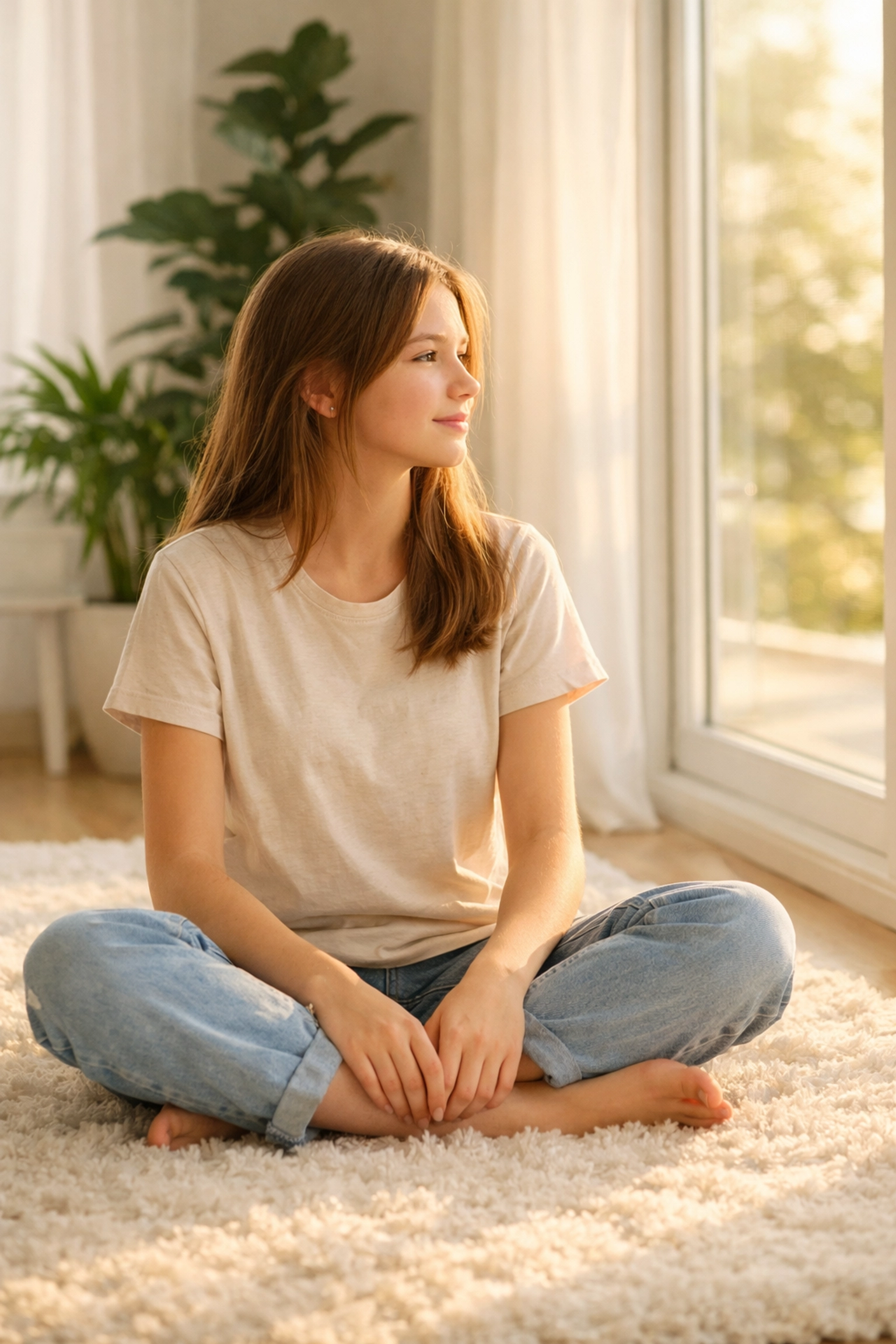 Teenage girl sitting peacefully in a trauma-informed residential care safe healing space.