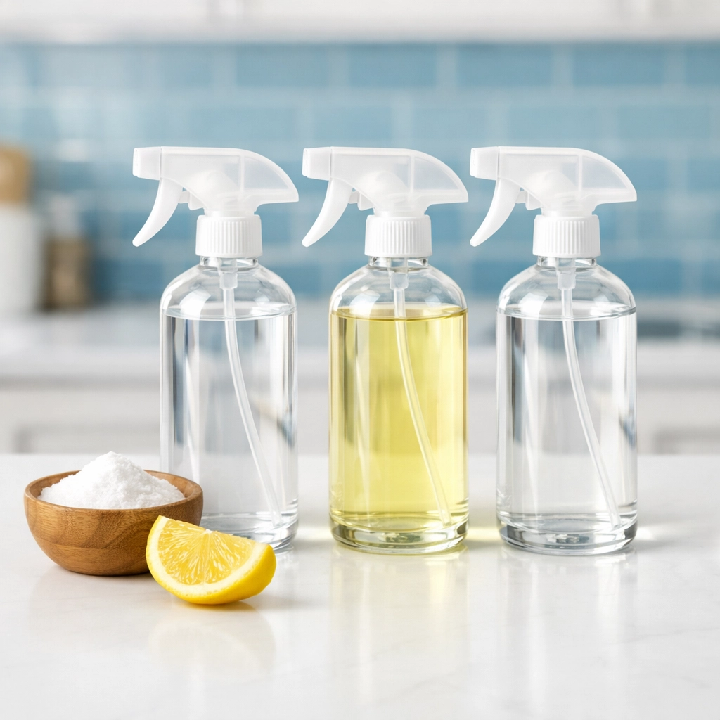 Essential cleaning solutions in glass spray bottles and baking soda for emergency spill removal.
