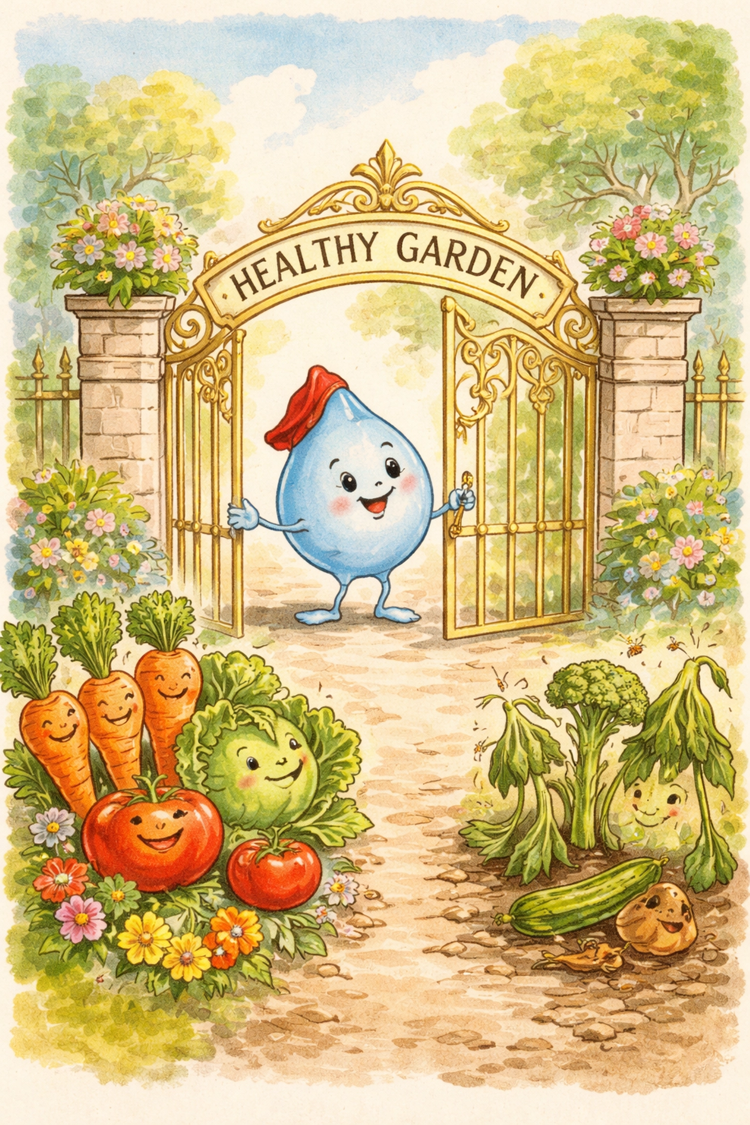 Whimsical illustration of a water droplet gatekeeper letting healthy vegetables into a hydroponic garden, teaching about pH as the nutrient gatekeeper