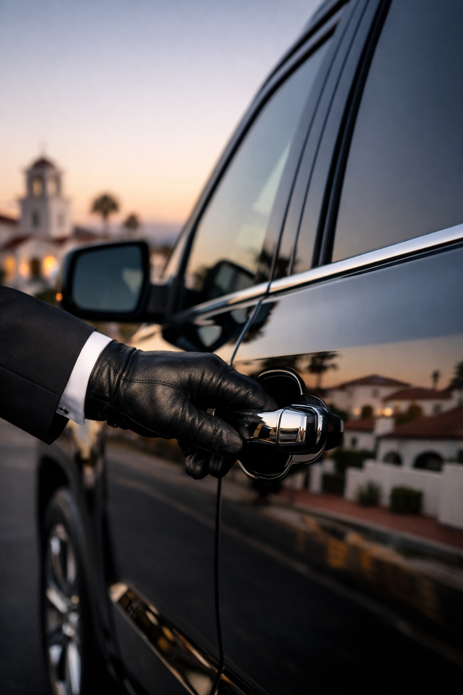 Professional chauffeur opening a luxury black SUV door in San Clemente for executive transportation service.