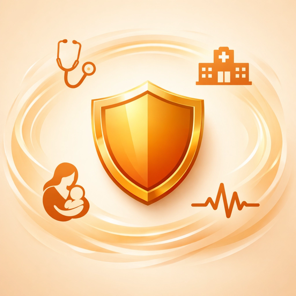 Surrogacy insurance coverage protection shield with medical care symbols