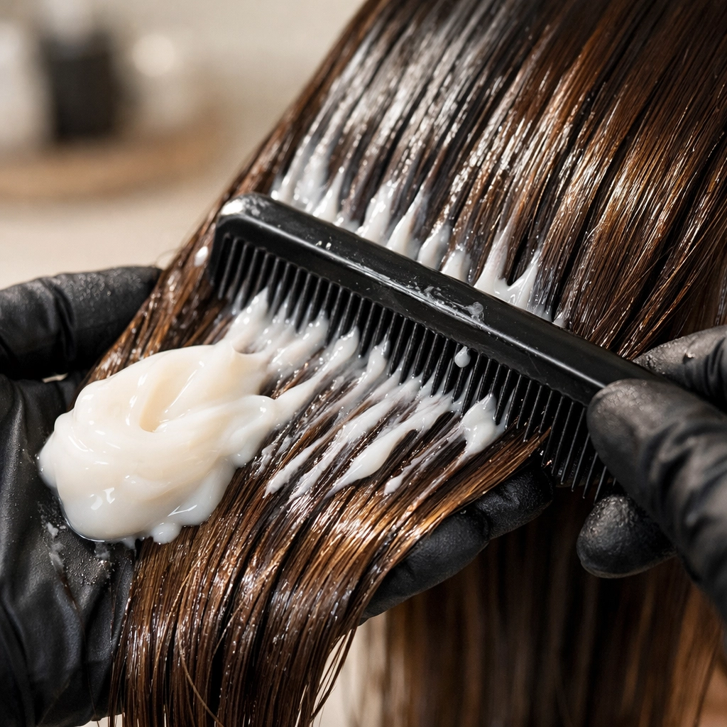 Stylist applying a professional hair treatment for healthy, high-shine results in Concord NH.