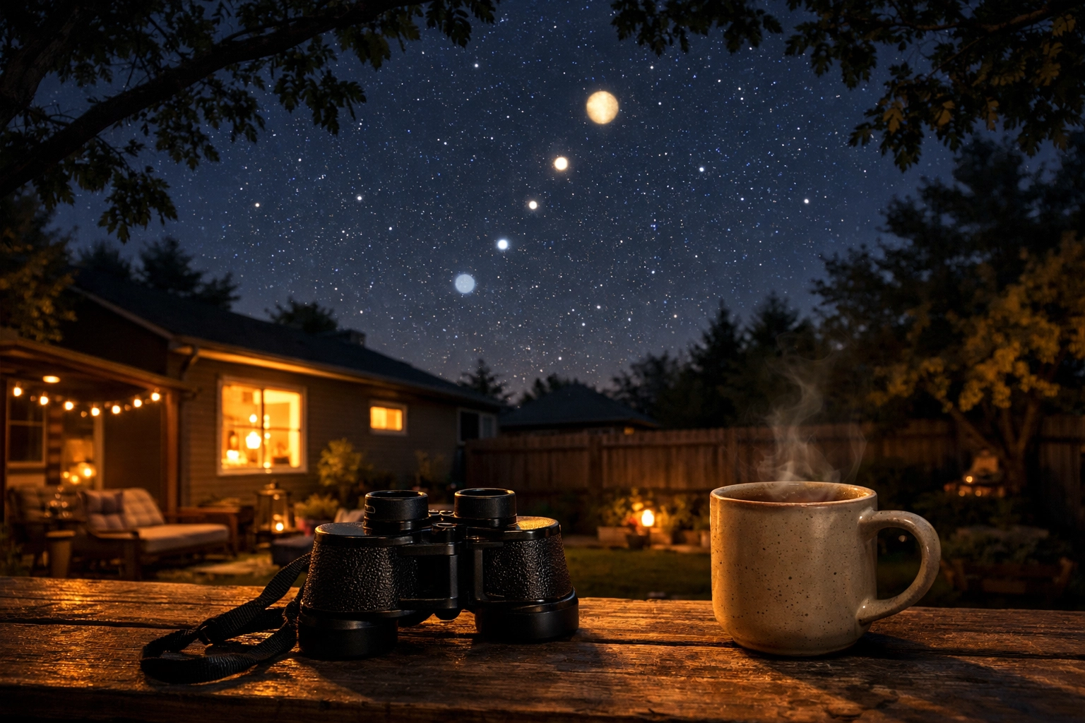 Binoculars on a backyard table under a starry sky, inviting a moment of quiet reflection and peace under the stars.