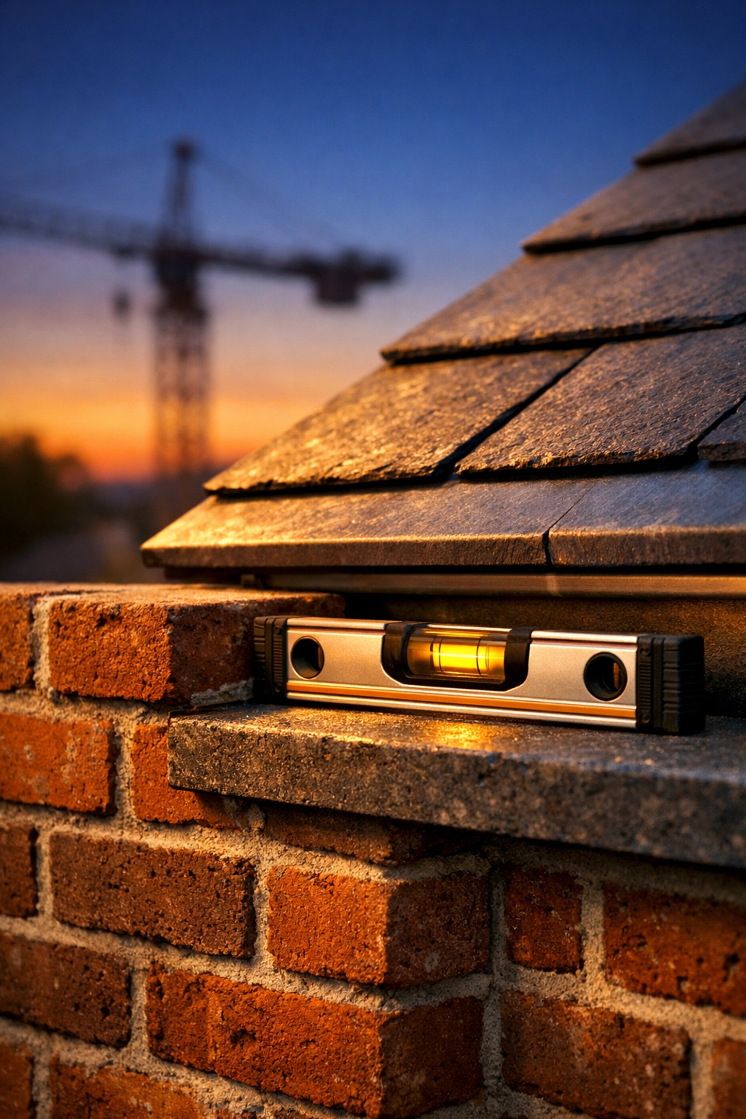 Detail of precise brickwork and slate roofing by professional builders in West Sussex.