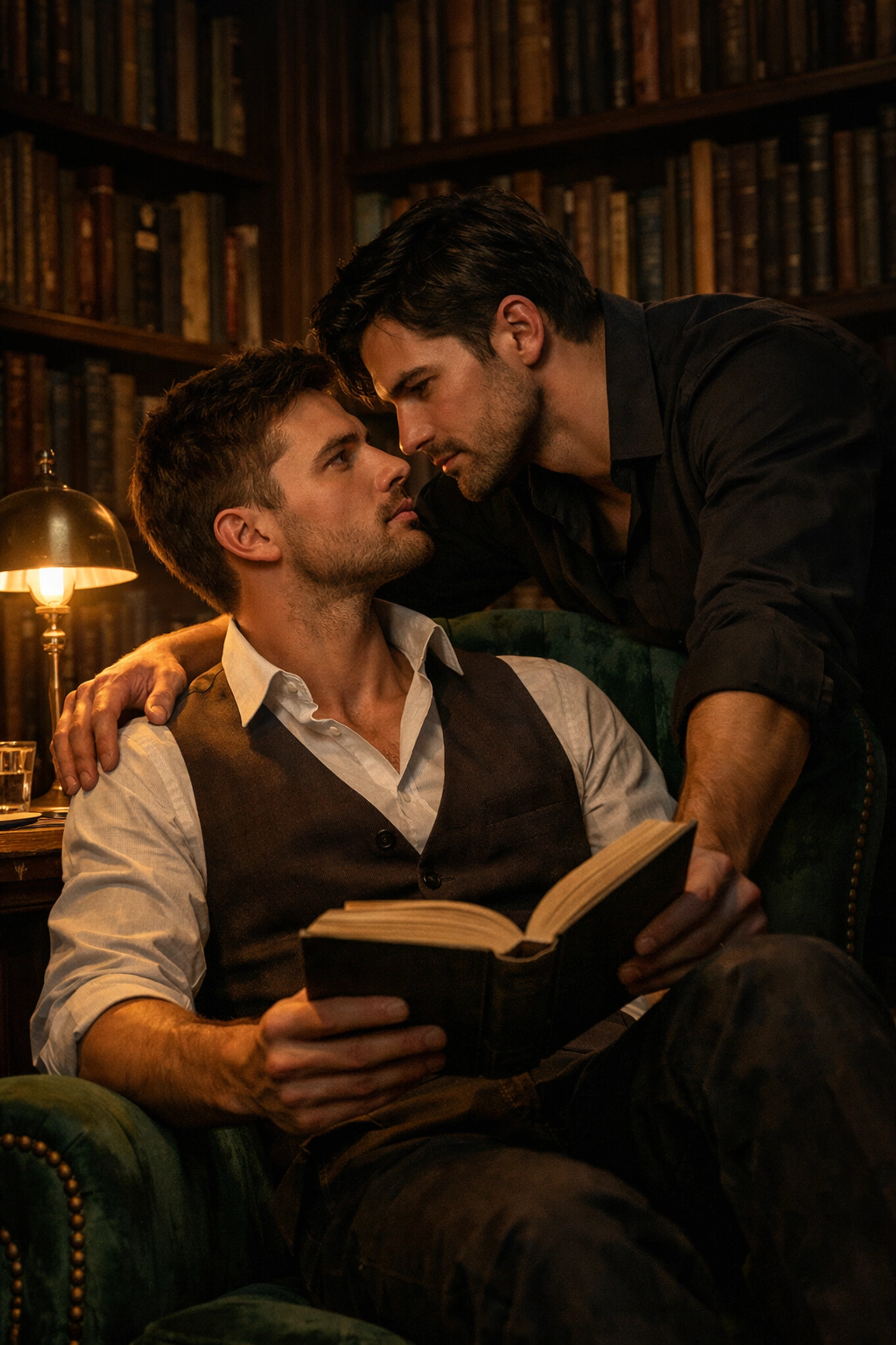 Two men in a romantic library setting, capturing the slow burn trope common in MM romance books.